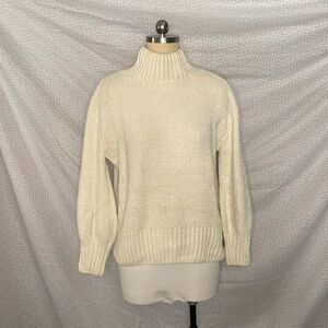 Off White Velvet Ribbed Sweater Turtle Cowl Neckline Long Sleeve Baggy Woven